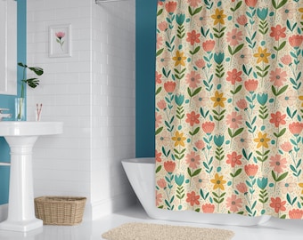 Tenda da doccia floreale stravagante, decorazione retrò per il bagno con fiori selvatici, paravento per vasca da bagno in stile folk, colorato, cottagecore, arte naif, accento per il bagno.