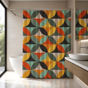 Mid-Century Modern Shower Curtain Bold Geometric Geo Pattern Colorful Bathroom Accessories Bath Curtain Retro Aesthetic