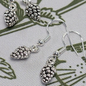 Puede incluir: Un par de pendientes de plata con un pequeño diseño de baya detallado. Los pendientes son de estilo colgante con cierre de gancho.