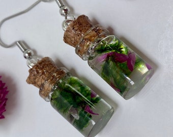 Moss and Flower Bottle Earrings: Cottagecore Resin Jewelry