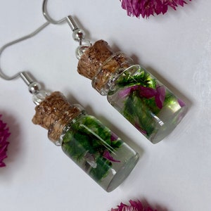 Moss and Flower Bottle Earrings: Cottagecore Resin Jewelry