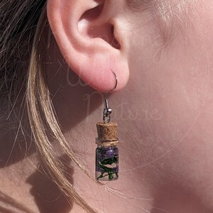 Resin Bottle Dangle Earrings: Real Moss and Flower Petals