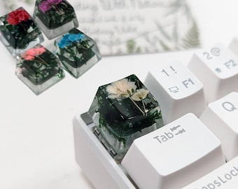 Moss/Flower Artisan Keycap, Real Moss and Floral Resin Keycap, White Flowers and Green Moss, Natural Cute Keycap, OEM SA Escape Keycap