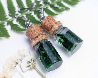 Handmade Moss-In-A-Bottle Earrings, Real Moss, Shatterproof Earrings, Cottagecore Earrings, Terrarium Nature Earrings, Gift For Her