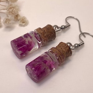 Real Pink Flower Jar Dangle Earrings: Cottagecore Resin Bottles