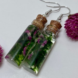 Moss and Flower Bottle Earrings: Cottagecore Resin Jewelry