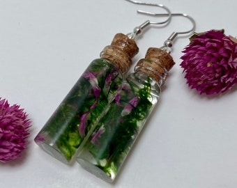 Moss and Flower Earrings, Cottagecore Earrings, Moss Bottle Earrings