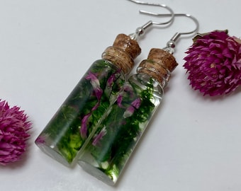 Moss and Flower Bottle Earrings: Cottagecore Resin Jewelry