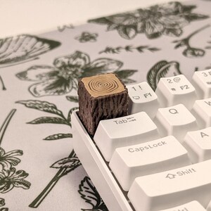 May include: A white mechanical keyboard with a wooden keycap shaped like a tree stump. The keyboard has keys labelled Tab, 1!, 2@, 3#, 4$, F1, F2, F3, Q, W, E, CapsLock, A, S, Shift.