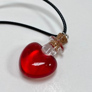 Heart Potion Bottle Necklace: Red Resin Pendant, 18in Leather Cord