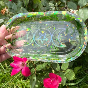 Holographic Triple Moon Resin Tray with Real Moss