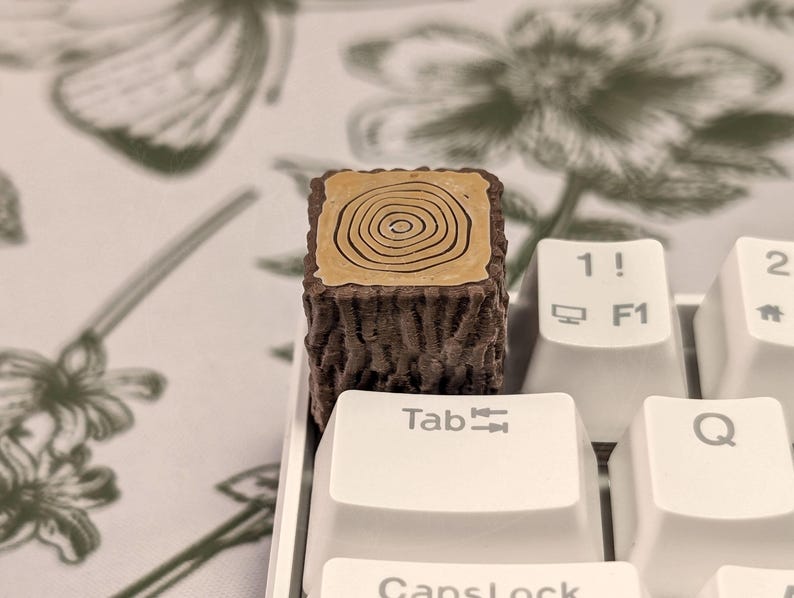 May include: A brown and tan keycap shaped like a tree stump with rings. The keycap is on a white keyboard with the keys "Tab", "Q", "F1", and "1!" visible.