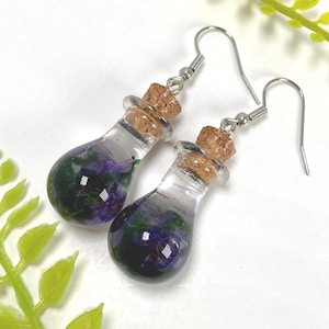 Real Moss Bottle Dangle Earrings: Resin Terrarium, Stainless Steel Hooks