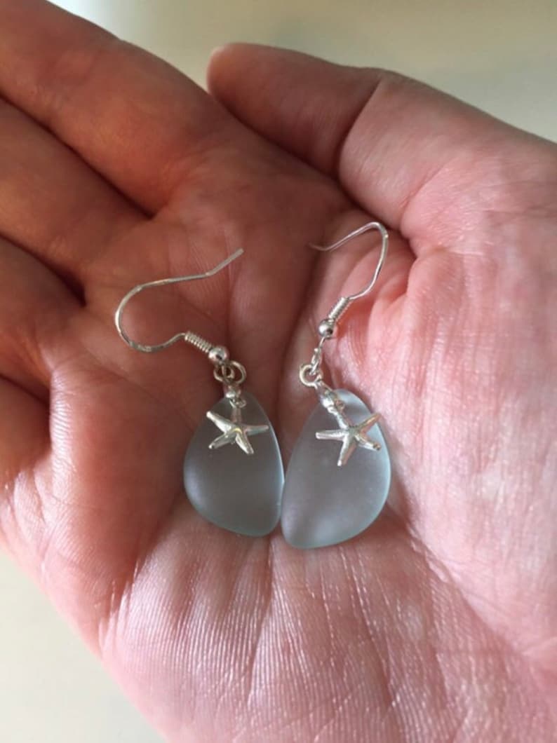 Pale Aqua Beach Glass and Sterling Silver Starfish Earrings