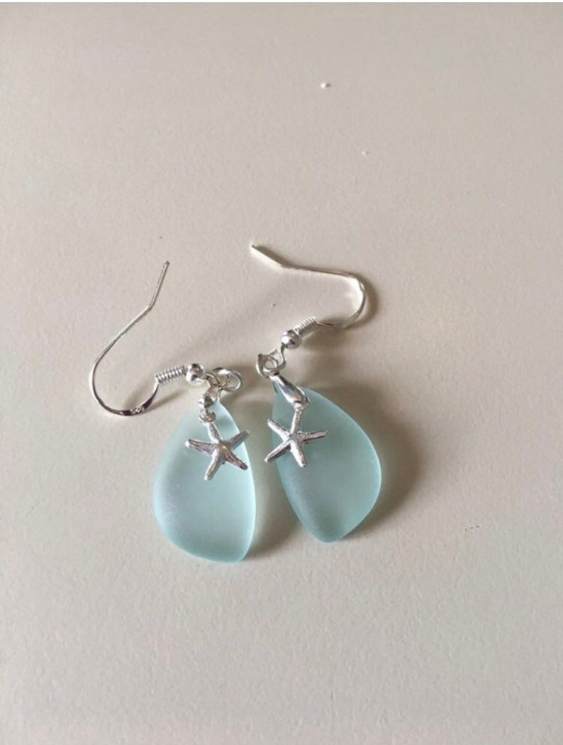 Pale Aqua Beach Glass and Sterling Silver Starfish Earrings