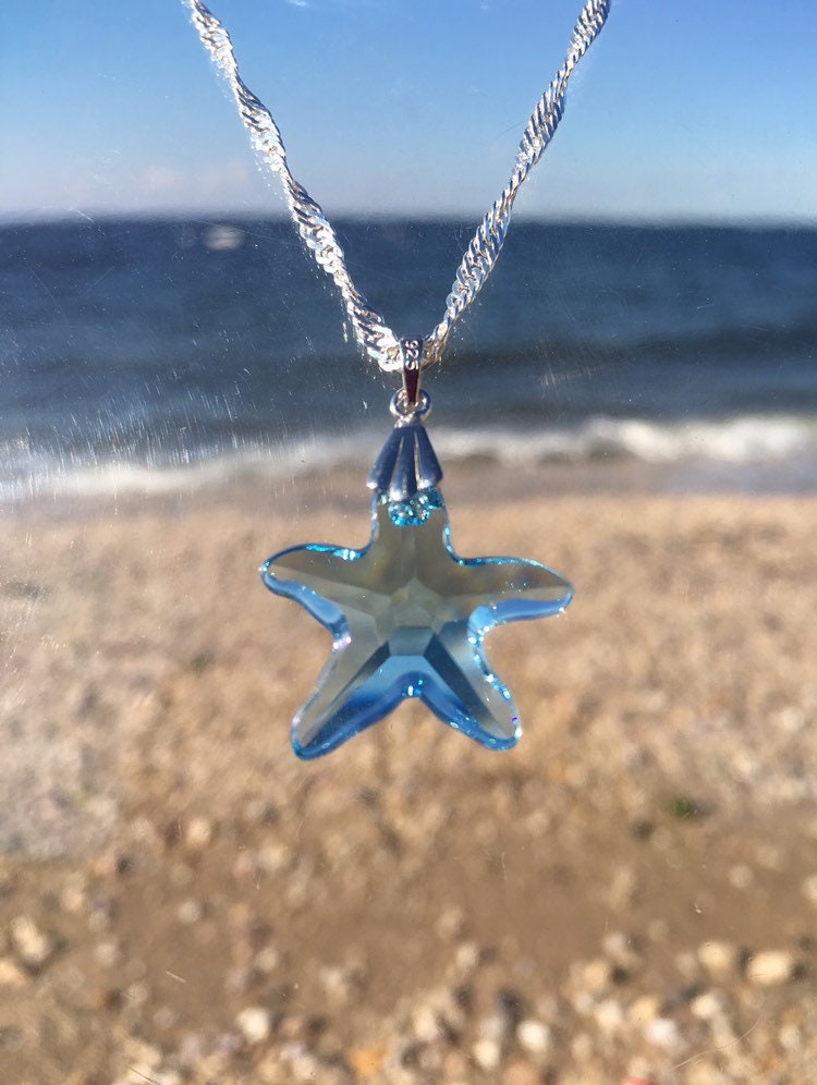 Swarovski Elements Aquamarine Crystal Starfish and Sterling Silver Necklace