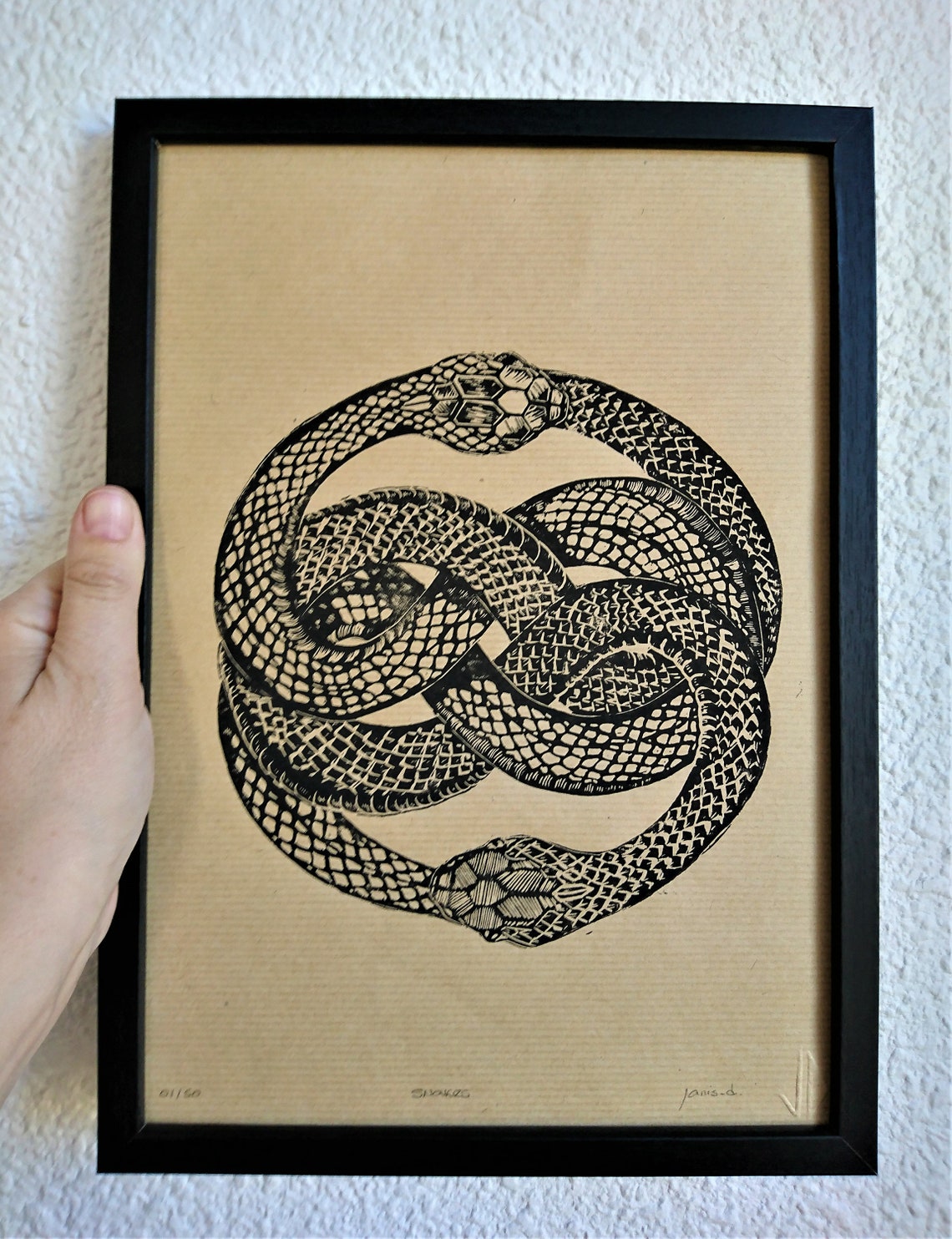 Linogravure Snakes Original carved Linocut print snake Etsy