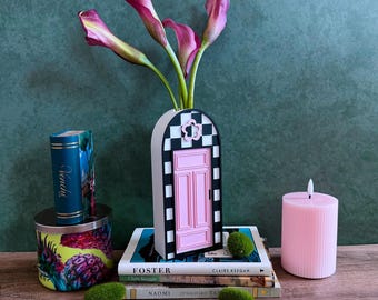 Customizable Checkerboard Door Vase – Whimsical Arched Flower Holder - Funky Flower Vase
