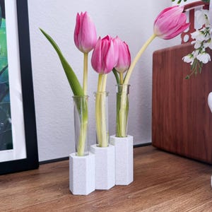 May include: A floral arrangement featuring three pink tulips in clear glass tubes, set in white, geometric holders. The tulips have green stems and leaves. The arrangement sits on a wooden surface.