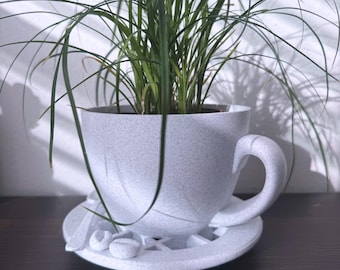 Unique Coffee Mug planter, with spoon dish drip tray - morning coffee themed plant pot for coffee and Plant Lovers - Novelty teacup planter