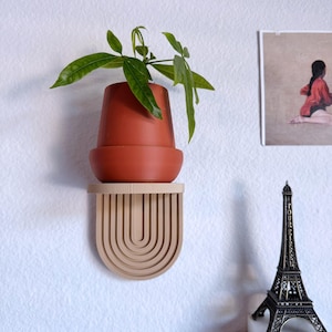 a set of mini wall hanging shelves with a modern ribbed arched design, shown in a variety of colors. The shelves hold small items.