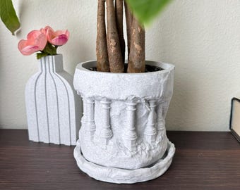 Unique Sculpted neoclassical planter -Architectural Indoor Plant Pot with Drip Tray - designed to look like ancient columns being excavated
