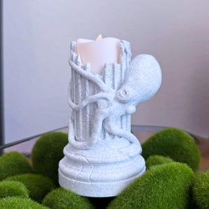 Peut inclure: Un bougeoir gris clair avec un poulpe enroulé autour d'une colonne classique. Le bougeoir a une finition texturée et contient une bougie LED blanche. Le poulpe a des tentacules détaillés. Le bougeoir est entouré de mousse verte.