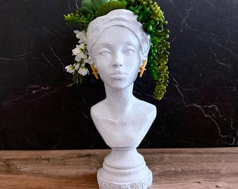 Female head bust statue Dry and Faux flower vase