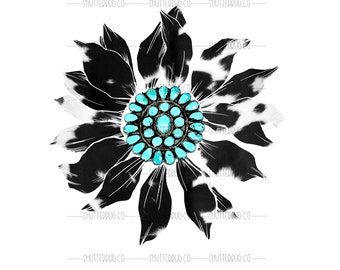 Cowhide and Turquoise Blossom Sunflower, Western, Cowboy, Southwest - Floral, INSTANT DOWNLOAD, Sublimations, Digital PNG files