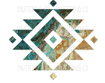 May include: Geometric pattern in shades of teal, brown, and beige. The pattern is made up of squares and triangles. The background is white.