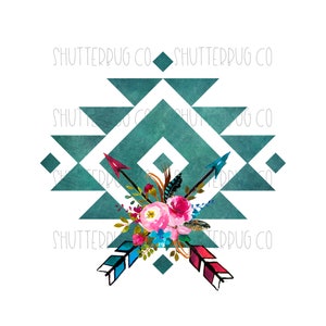 Puede incluir: Patrón geométrico turquesa con dos flechas cruzadas y un ramo de flores en el centro. Las flores son rosas, rojas, azules y amarillas. El texto "Shutterbug Co." se repite alrededor del diseño.
