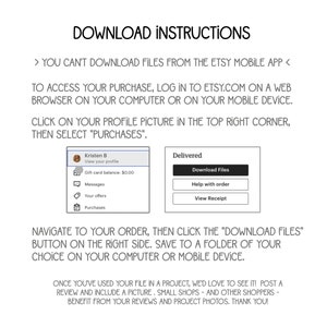 May include: A screenshot of Etsy's website showing instructions on how to download digital files purchased on the platform. The instructions include logging into Etsy.com on a web browser or mobile device, clicking on the profile picture in the top right corner, selecting "Purchases", navigating to the order, clicking the "Download Files" button, and saving the files to a folder on a computer or mobile device.