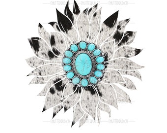 Cowhide Print, Sunflower PNG, Turquoise Gemstone PNG, Floral Clipart. Southwest Print Sublimation, Floral Graphic Design