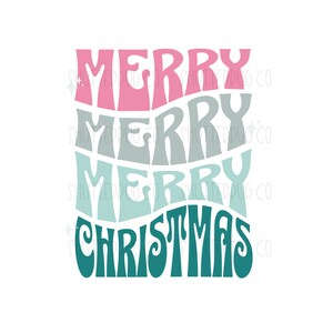 Puede incluir: Un diseño gráfico retro con el texto "Merry Christmas" en una fuente ondulada. El texto está en tonos de rosa, gris y turquesa.