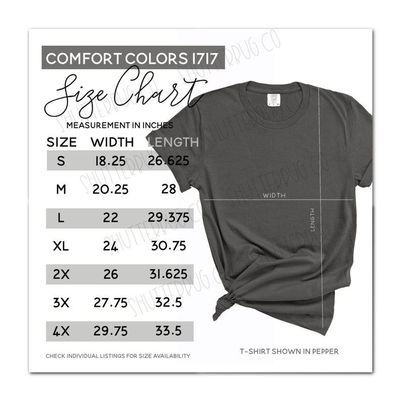 Sizing Chart Comfort Colors 1717 Tshirt Sizing Chart Pepper - Etsy