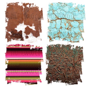 May include: Four digital paper textures in a collage. The top left is a brown and white cowhide pattern. The top right is a light blue cracked paint texture. The bottom left is a colorful striped pattern. The bottom right is a brown leather texture with a teal floral pattern.
