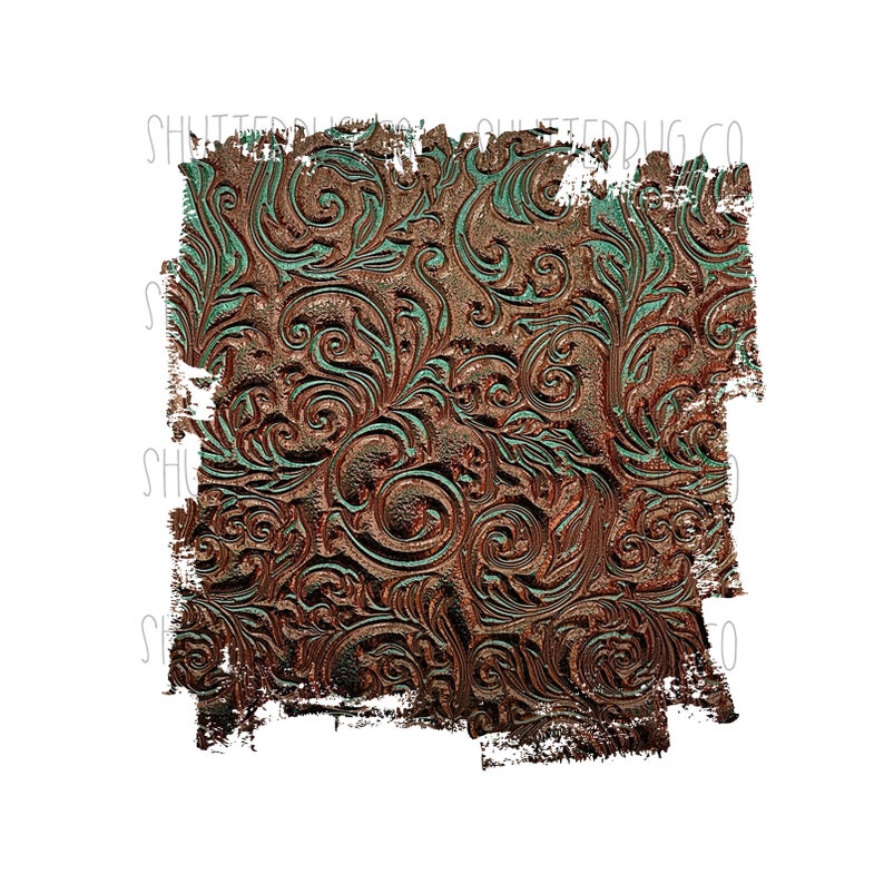 May include: A digital paper with a distressed, textured, teal and copper floral pattern. The pattern is reminiscent of a damask design.