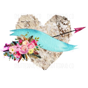 May include: A rustic wooden heart with a turquoise ribbon and a pink arrow through it. The heart is decorated with a bouquet of pink, white, and yellow flowers with feathers.