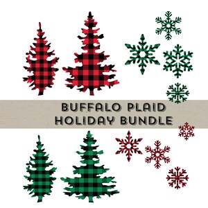 Buffalo Plaid Holiday Clip Art Bundle, Evergreen/Fir Trees, Snowflakes, Red and Green Buffalo Check Instant Download, Sublimations