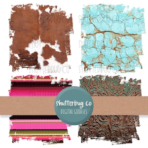 May include: Four digital paper textures in a distressed style. The textures include a brown and white cowhide, a turquoise blue cracked paint, a pink and green striped pattern, and a brown and green embossed leather.