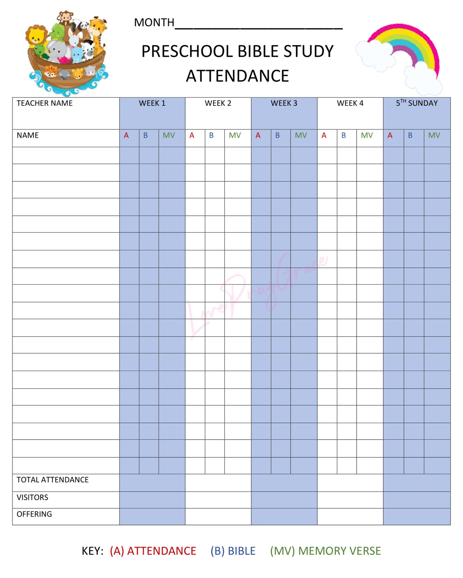 Preschool Sunday School Attendance Bible Study Attendance | Etsy