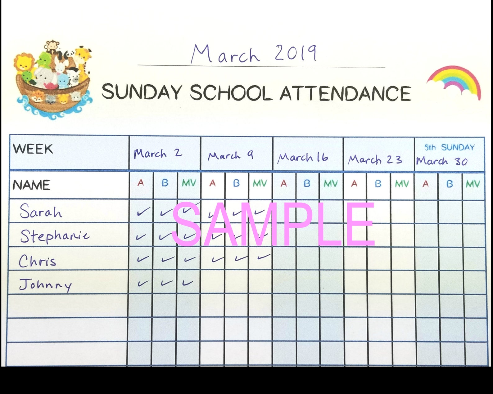 Sunday School Attendance Attendance Chart Church Attendance Etsy