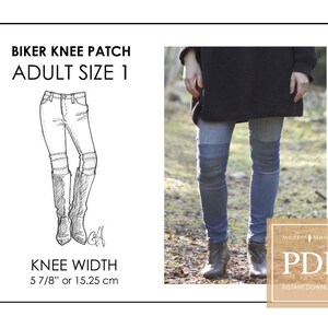 Peut inclure: Un dessin en noir et blanc d'un jean avec des empiècements aux genoux. Le dessin est intitulé "Biker Knee Patch Adult Size 1". L'empiècement au genou mesure 5 7/8 pouces ou 15,25 centimètres de large.