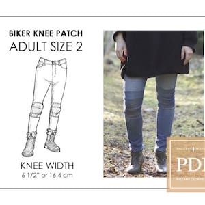 Peut inclure: Un dessin au trait noir et blanc d'un jean avec des empiècements aux genoux. Le texte "Biker Knee Patch Adult Size 2" est au-dessus du dessin. Le texte "Knee Width 6 1/2" or 16.4 cm" est en dessous du dessin. Une photo d'une personne portant un jean avec des empiècements aux genoux est sur le côté droit de l'image. Le texte "Modern Mending PDF Instant Download" est dans le coin inférieur droit de l'image.