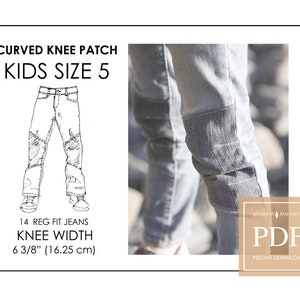 Peut inclure: Un dessin au trait noir et blanc d'un jean avec un empiècement incurvé au niveau du genou. Le dessin est intitulé "Curved Knee Patch Kids Size 5". Le texte "14 Reg Fit Jeans Knee Width 6 3/8" (16,25 cm)" est situé sous le dessin. Une photo d'un jean avec un empiècement incurvé au niveau du genou se trouve à droite de l'image. Le texte "Modern Mending PDF Instant Download" est dans un rectangle brun dans le coin inférieur droit de l'image.