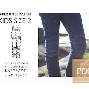 Peut inclure: Patron PDF téléchargeable pour un patch de genou de motard pour enfants de taille 2. Le patron est pour des jeans avec une largeur de genou de 13,4 cm (5 1/4 pouces).