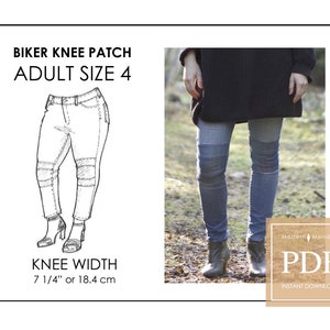 Peut inclure: Image d'un patron de genouillère Biker pour jeans taille adulte 4. La largeur du genou est de 18,4 cm. L'image montre également une personne portant un jean avec des genouillères. L'image comprend le texte "Modern Mending PDF Instant Download."