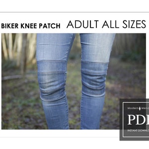 Peut inclure: Un patron PDF pour un patch de genou de motard pour jeans. L'image montre un jean bleu avec un patch de genou cousu sur chaque jambe. Le texte "Biker Knee Patch Adult All Sizes" est en haut de l'image. Le texte "Modern Mending PDF Instant Download" est en bas de l'image.