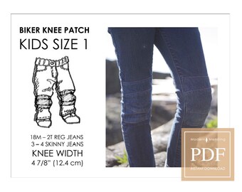 SIZE 1 Kids Biker Knee Patch pattern & tutorial. Jeans Patch DIY for toddler, kids. PDF Downloadable Learn to sew. Children size 18M to 4.