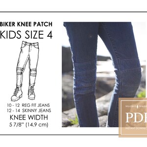 Peut inclure: Un dessin au trait noir et blanc d'un jean avec des empiècements aux genoux. Le texte "Biker Knee Patch Kids Size 4" est au-dessus du dessin. Le texte "10-12 Reg Fit Jeans 12-14 Skinny Jeans Knee Width 5 7/8" (14.9 cm)" est en dessous du dessin. Une photo d'un jean bleu avec des empiècements aux genoux est sur le côté droit de l'image. Le texte "Modern Mending PDF Instant Download" est dans un rectangle brun sur le côté droit de l'image.